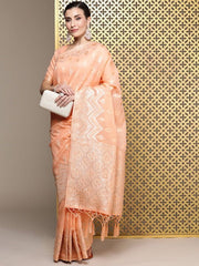 Peach Ethnic Motifs Zari Linen Blend Banarasi Saree - Inddus.com