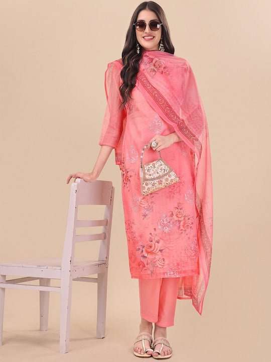 Peach Floral Printed Thread Work Detail Straight Kurta & Trousers With Dupatta - Inddus.com