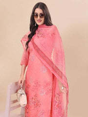 Peach Floral Printed Thread Work Detail Straight Kurta & Trousers With Dupatta - Inddus.com