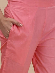 Peach Floral Printed Thread Work Detail Straight Kurta & Trousers With Dupatta - Inddus.com