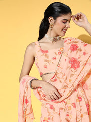 Peach Floral Printed Top & Palazzo with Floral Printed Jacket - Inddus.com