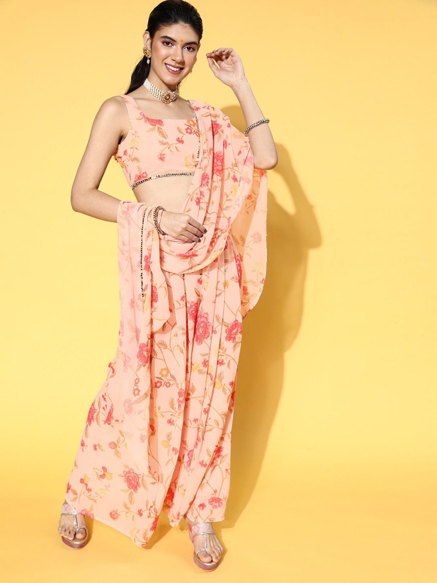 Peach Floral Printed Top & Palazzo with Floral Printed Jacket - Inddus.com