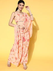Peach Floral Printed Top & Palazzo with Floral Printed Jacket - Inddus.com