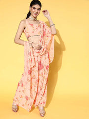 Peach Floral Printed Top & Palazzo with Floral Printed Jacket - Inddus.com