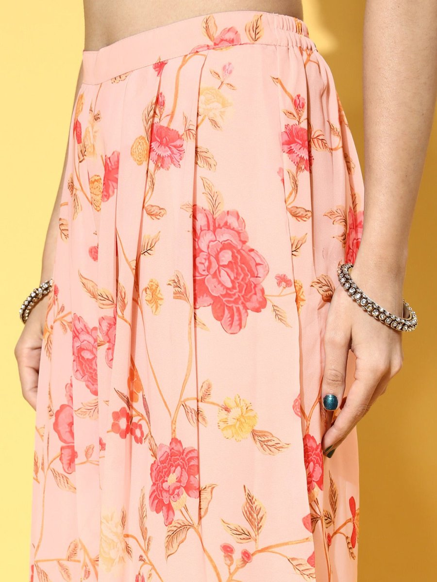 Peach Floral Printed Top & Palazzo with Floral Printed Jacket - Inddus.com