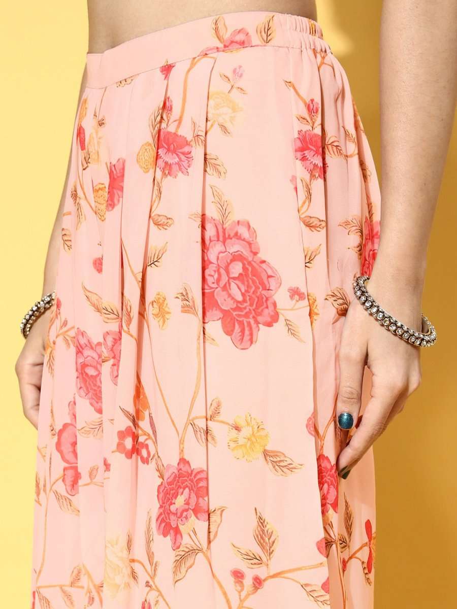 Peach Floral Printed Top & Palazzo with Floral Printed Jacket - Inddus.com