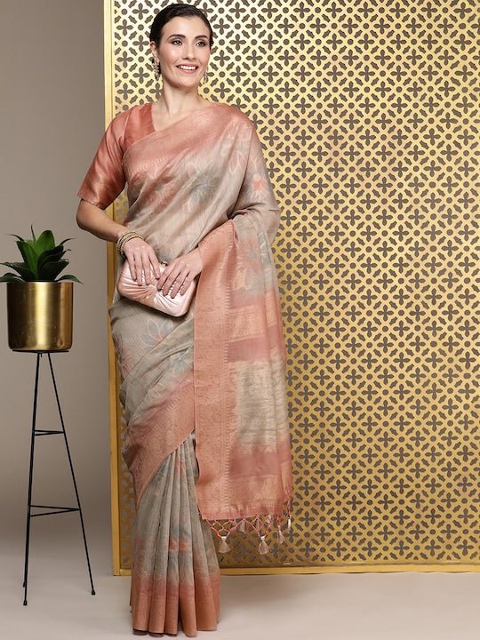 Peach Floral Zari Banarasi Saree - Inddus.com