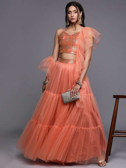 Peach Layered SemiStitched Lehenga with Brocade Blouse and Ruffled Net Dupatta - inddus-us