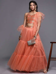 Peach Layered SemiStitched Lehenga with Brocade Blouse and Ruffled Net Dupatta - inddus-us