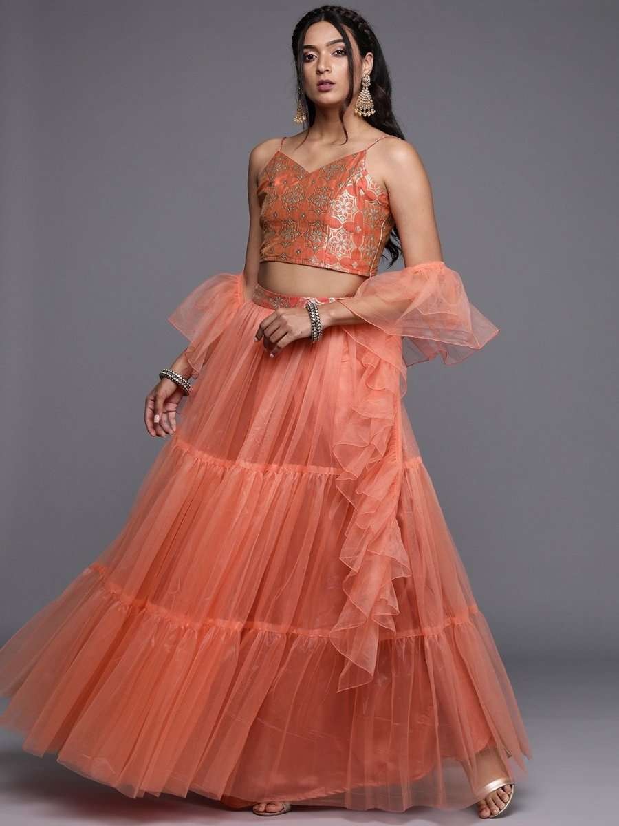Peach Layered SemiStitched Lehenga with Brocade Blouse and Ruffled Net Dupatta - inddus-us
