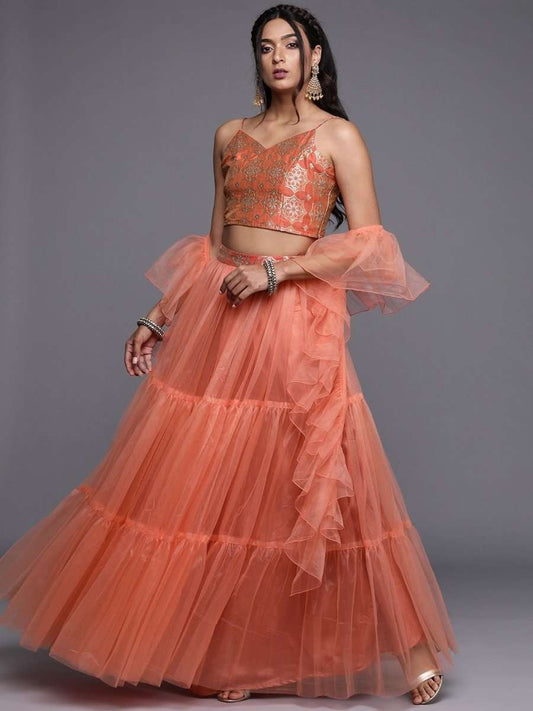 Peach Layered SemiStitched Lehenga with Brocade Blouse and Ruffled Net Dupatta - inddus-us