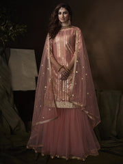 Peach Net Embroidered Partywear Sharara Suit - inddus-us