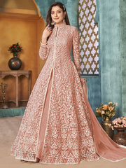 Peach Net Festive Wear Anarkali Suit - Inddus.com