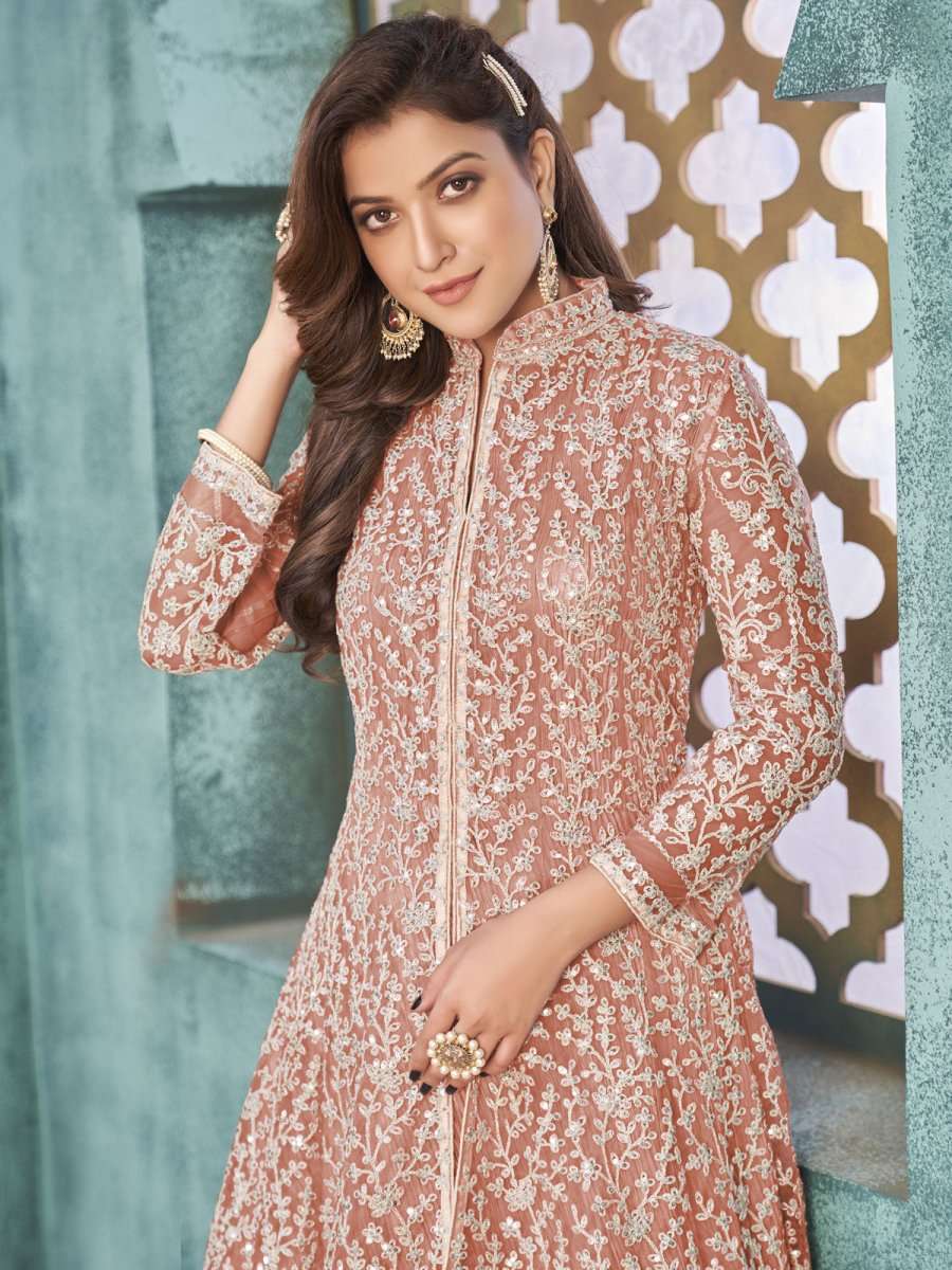 Peach Net Festive Wear Anarkali Suit - Inddus.com