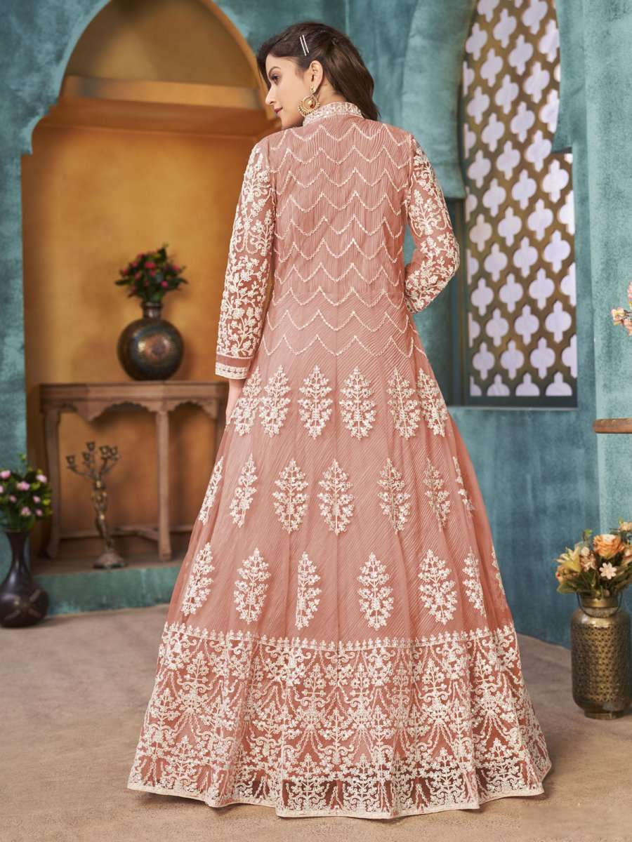 Peach Net Festive Wear Anarkali Suit - Inddus.com