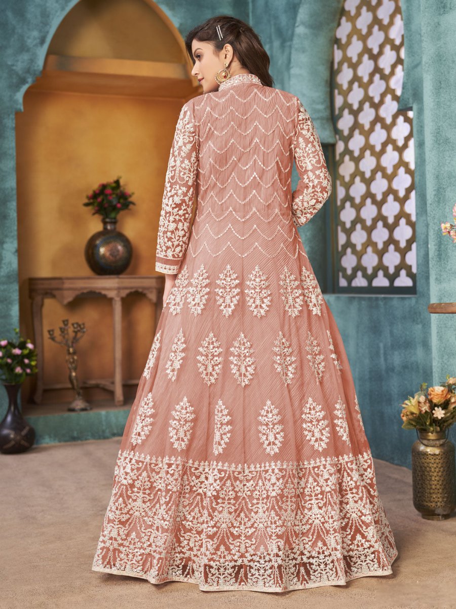 Peach Net Festive Wear Anarkali Suit - Inddus.com