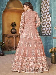 Peach Net Festive Wear Anarkali Suit - Inddus.com