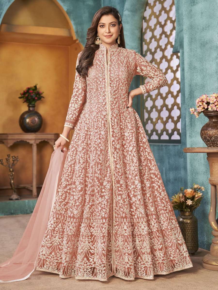 Peach Net Festive Wear Anarkali Suit - Inddus.com