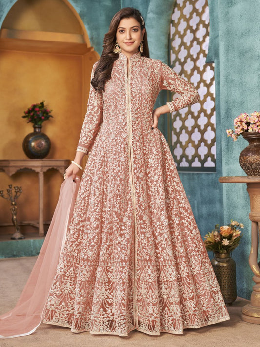 Peach Net Festive Wear Anarkali Suit - Inddus.com