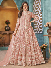 Peach Net Festive Wear Anarkali Suit - Inddus.com