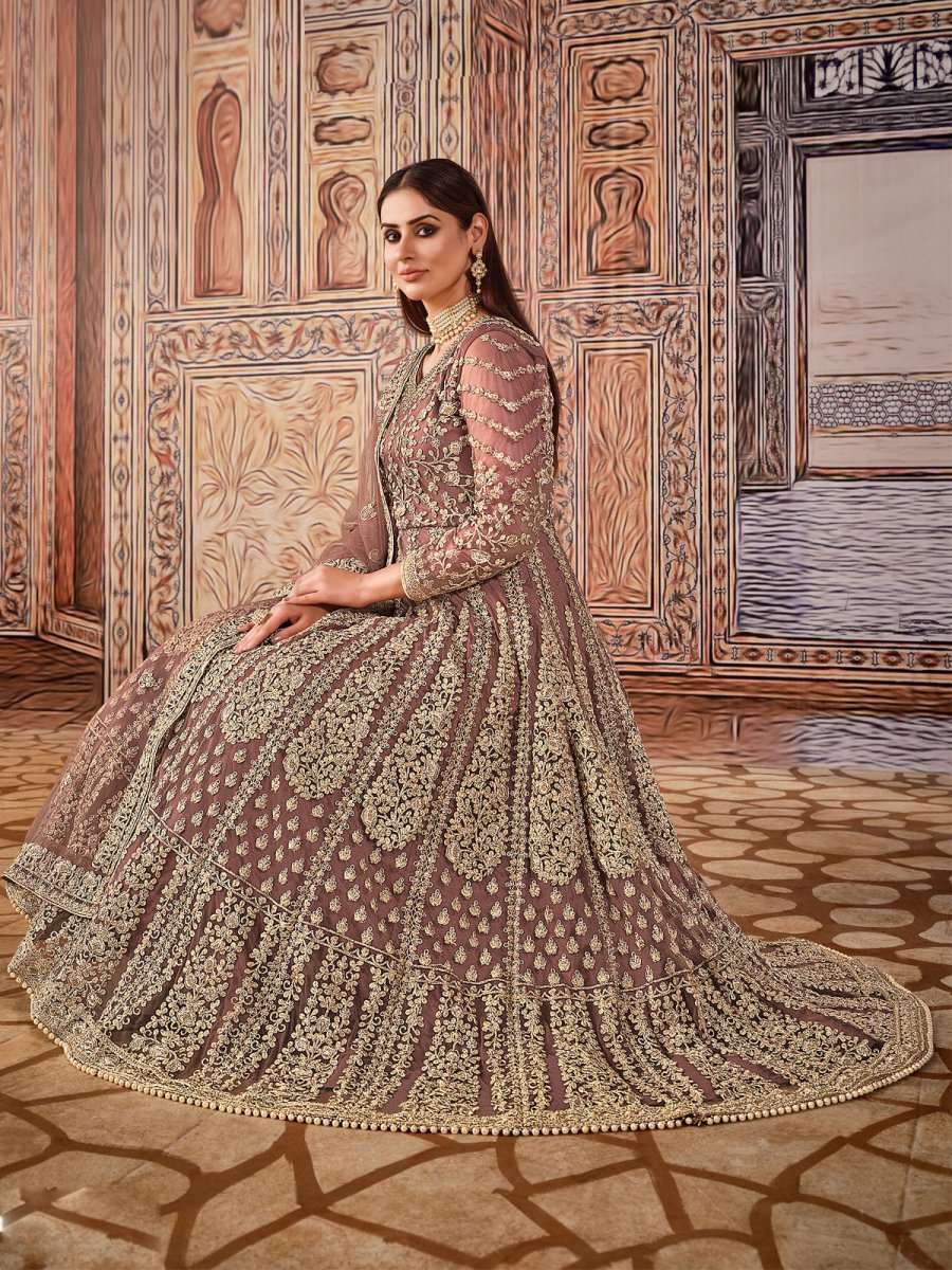 Peach Net Partywear Anarkali Suit - Inddus.com