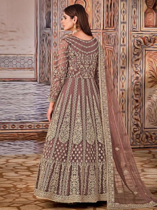 Peach Net Partywear Anarkali Suit - Inddus.com