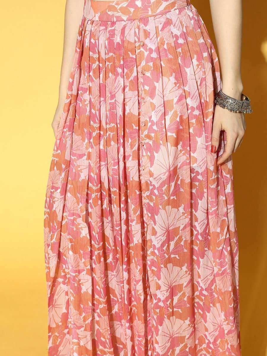 Peach Pink Chiffon Floral Printed Top & Skirt Co-ords Set - Inddus.com