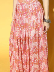 Peach Pink Chiffon Floral Printed Top & Skirt Co-ords Set - Inddus.com