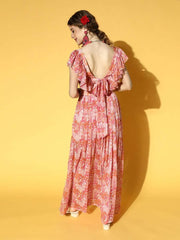Peach Pink Chiffon Floral Printed Top & Skirt Co-ords Set - Inddus.com