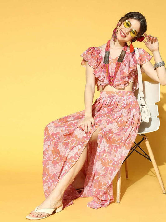 Peach Pink Chiffon Floral Printed Top & Skirt Co-ords Set - Inddus.com