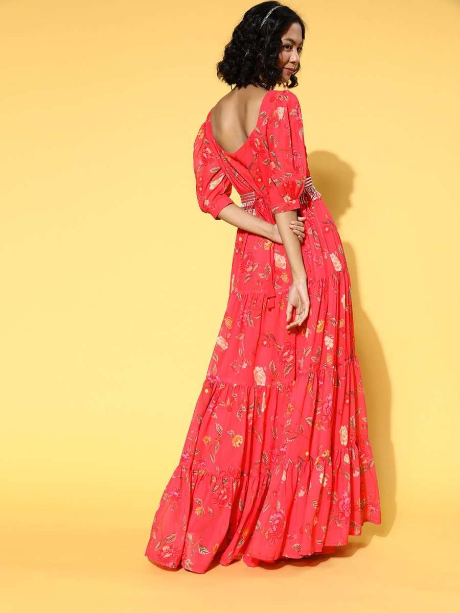 Peach Pink Floral Printed Fit and Flared Gown with Embellished Belt - Inddus.com