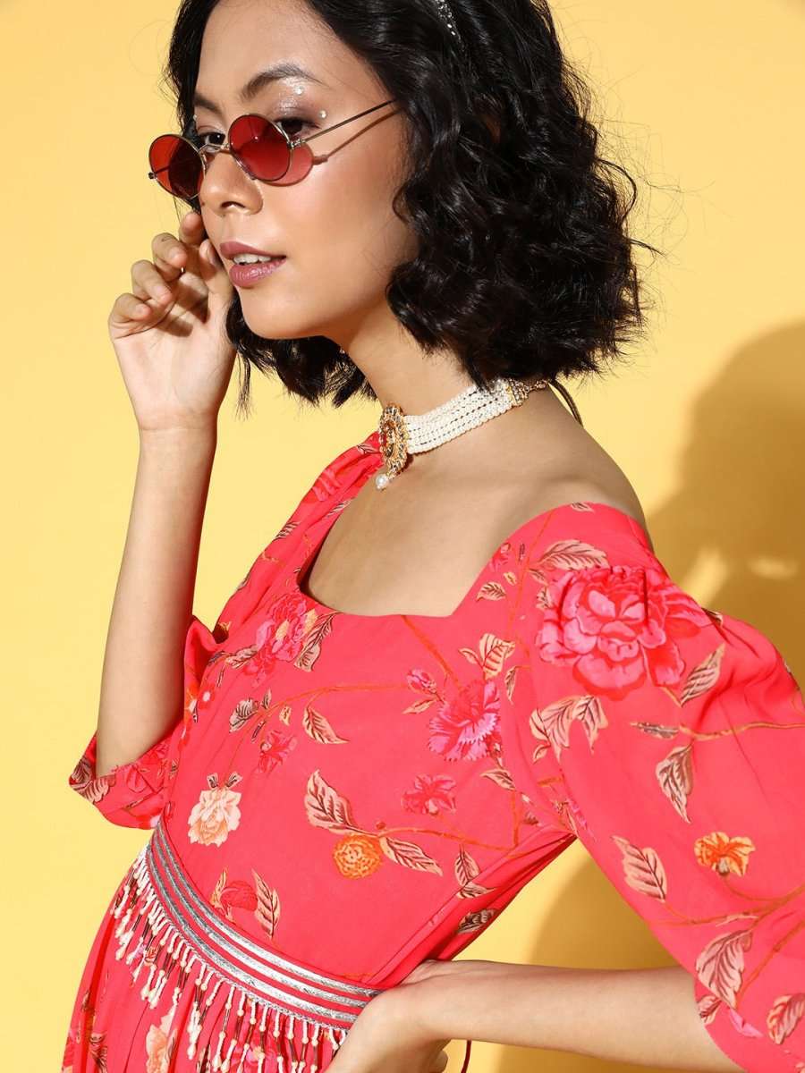 Peach Pink Floral Printed Fit and Flared Gown with Embellished Belt - Inddus.com
