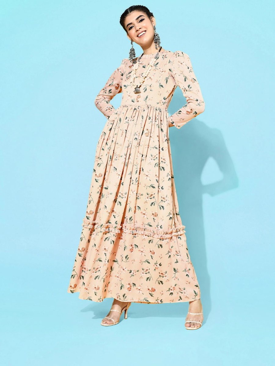 Peach Polyester Partywear Floral Dresses - Inddus.com