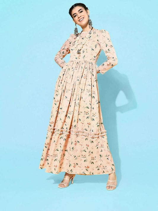 Peach Polyester Partywear Floral Dresses - Inddus.com