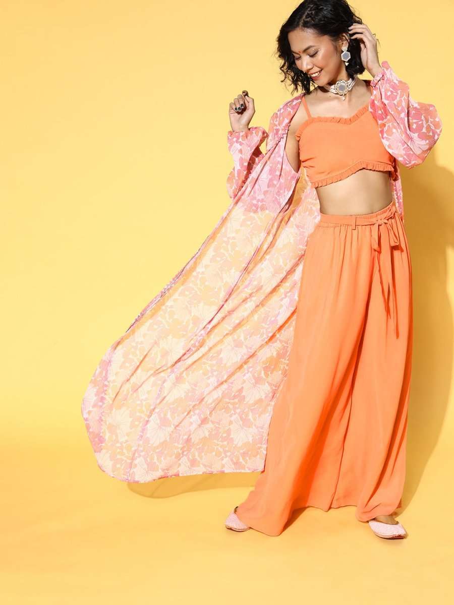 Peach Solid Top & Palazzo with Floral Printed Jacket - Inddus.com