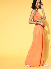 Peach Solid Top & Palazzo with Floral Printed Jacket - Inddus.com