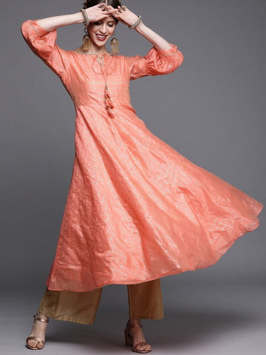 Peach Woven Checked Kurta - Inddus.com