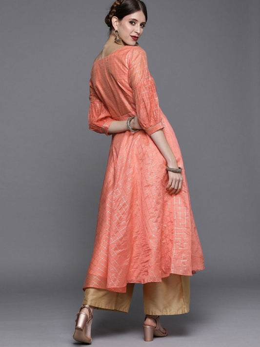 Peach Woven Checked Kurta - Inddus.com