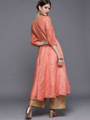 Peach Woven Checked Kurta - Inddus.com