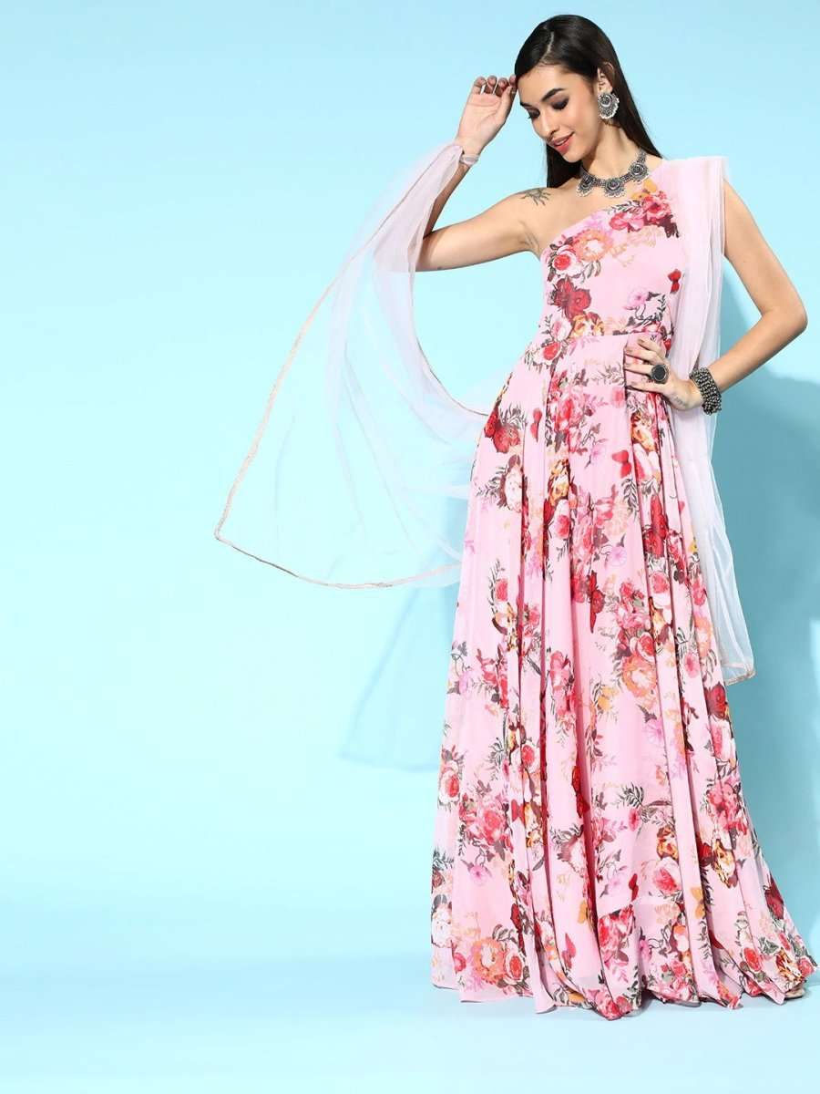 Pink and Red Kurta with Dupatta - Inddus.com