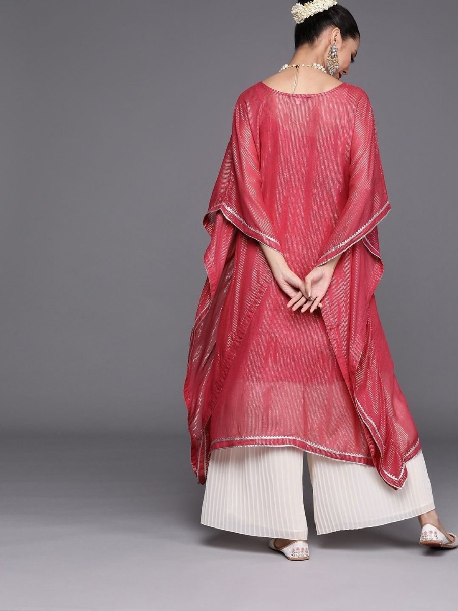 Pink and Silver Stripped Extended Sleeves Kaftan Kurta - inddus-us