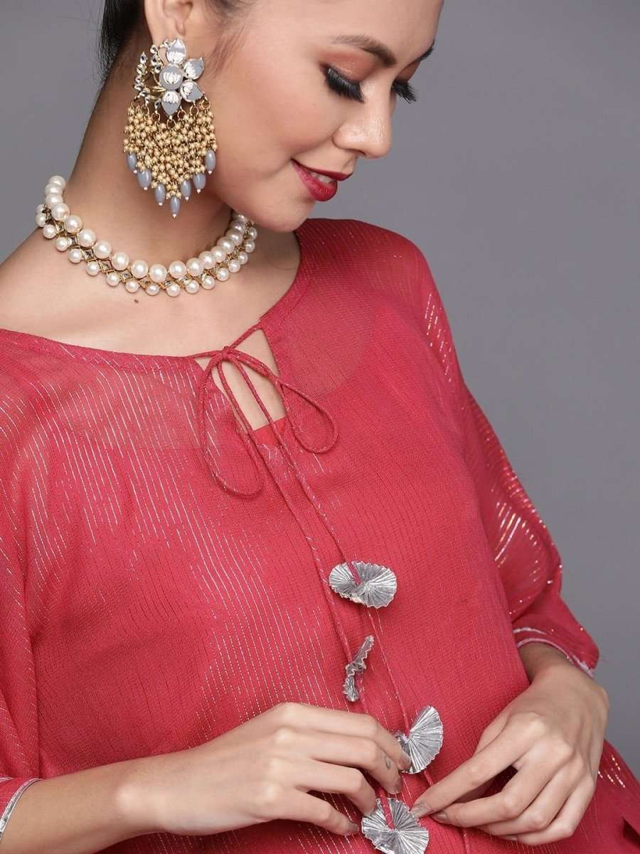 Pink and Silver Stripped Extended Sleeves Kaftan Kurta - inddus-us
