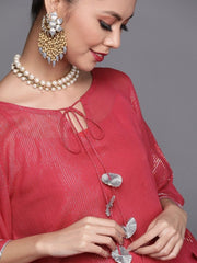Pink and Silver Stripped Extended Sleeves Kaftan Kurta - inddus-us