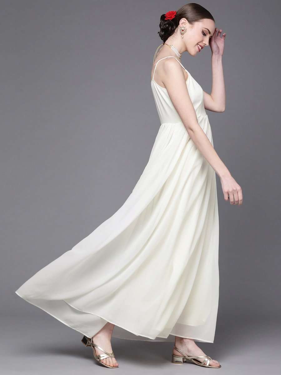 Pink and White Embroidered Flared Gown - Inddus.com