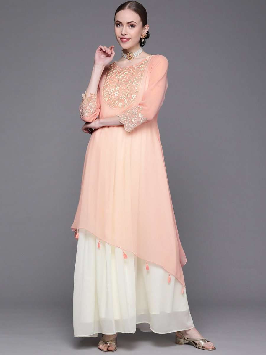 Pink and White Embroidered Flared Gown - Inddus.com