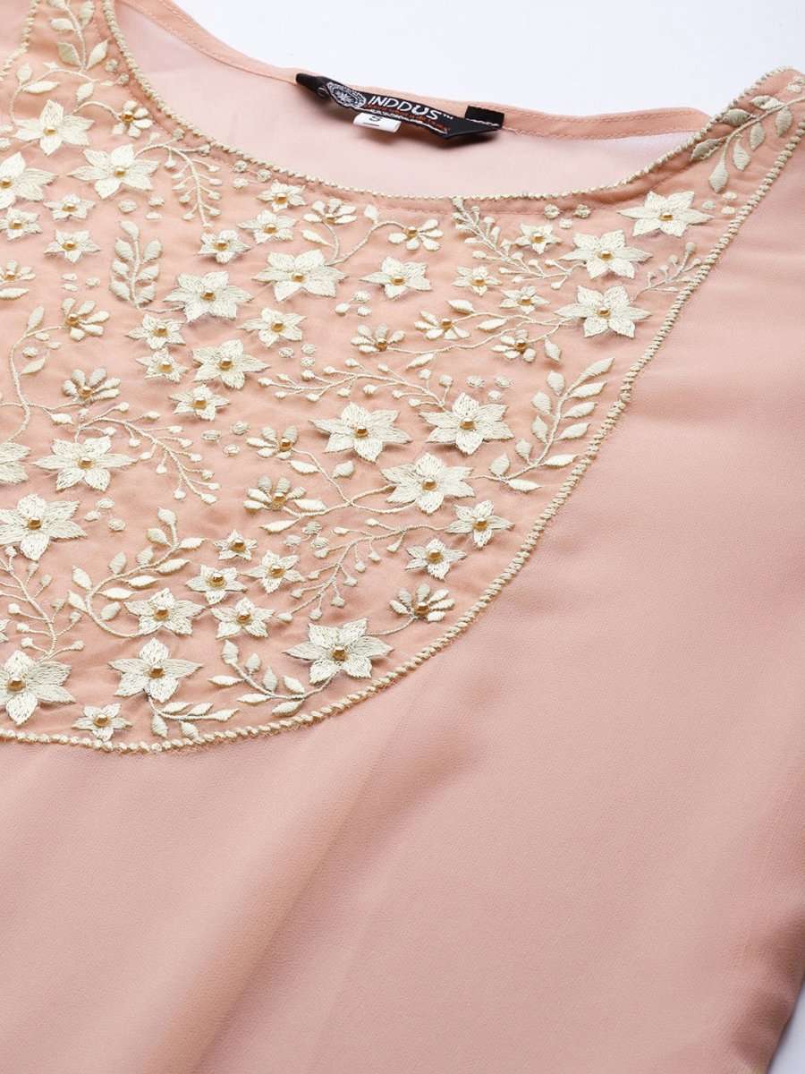Pink and White Embroidered Flared Gown - Inddus.com