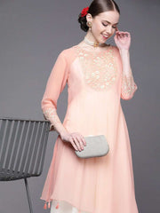 Pink and White Embroidered Flared Gown - Inddus.com