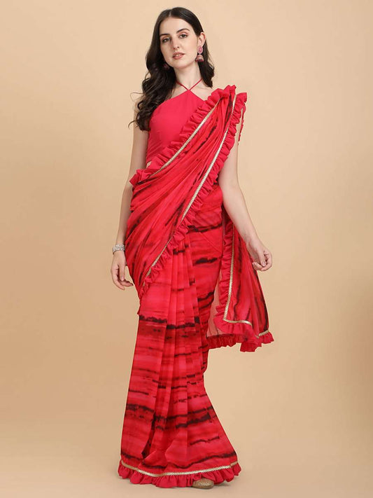 Pink & Black Printed Georgette Ruffle Saree - Inddus.com