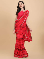 Pink & Black Printed Georgette Ruffle Saree - Inddus.com