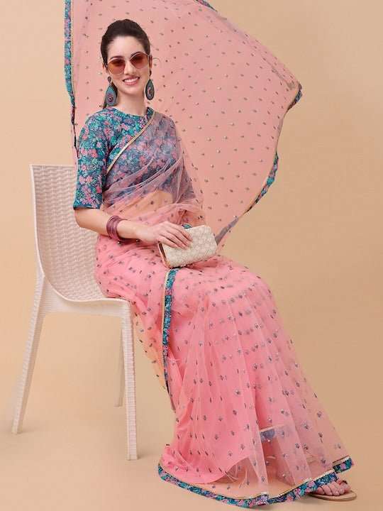 Pink & Blue Embellished Sequinned Net Saree - Inddus.com